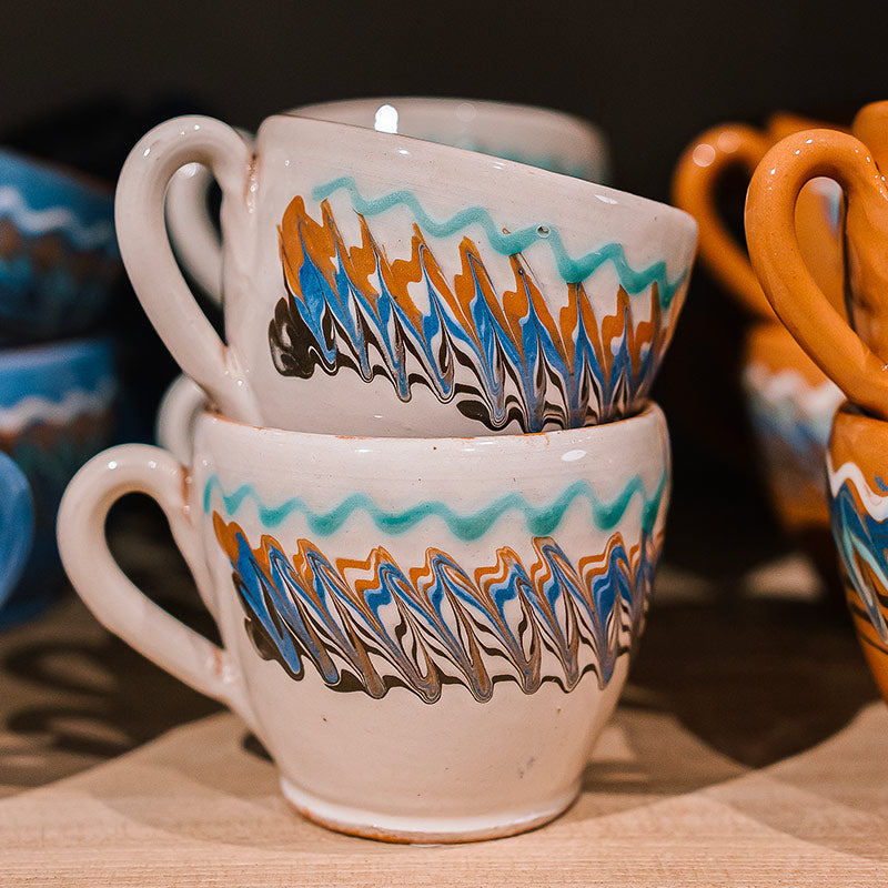 Lot 6 Tasses à Café 350ml En Faïence - Collection Lumera Bleue Fait Main