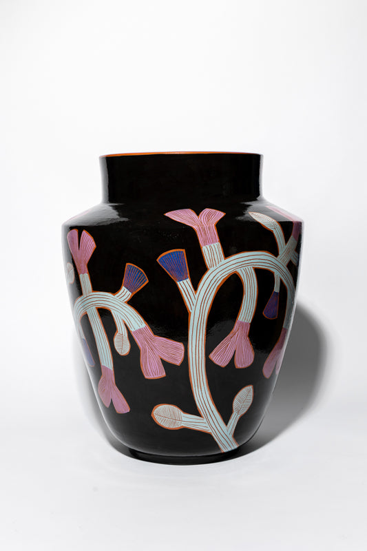 Black Jar Purple Flowers Ceramic Exhibition BG