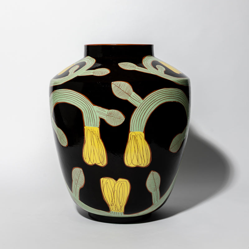 Black Jar Green and Yellow Flowers ceramic BG Exhibition