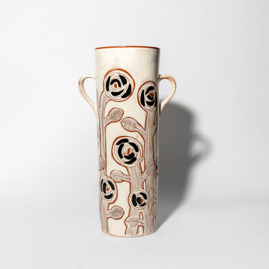 Jarre Haute Blanche Fleurs Noires céramique Exposition BG