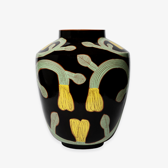 Jarre Noire Fleurs Vertes et Jaunes Céramique