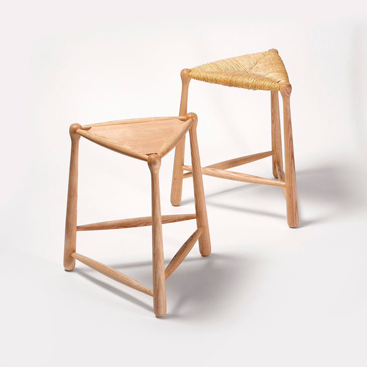 “Tripod” stool in ash, straw seating