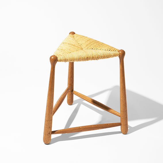 Oak “tripod” stool, straw seat